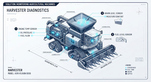 Technical diagram of a harvester showing GPS sensor locations for engine, fuel tank, and grain hopper