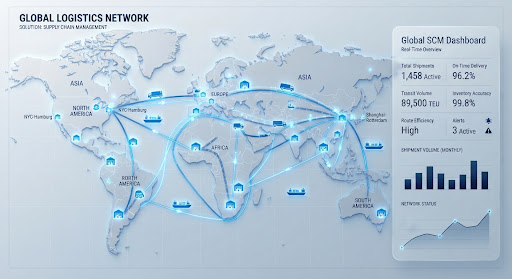 Digital map of a global logistics network connecting warehouses, trucks, and ships